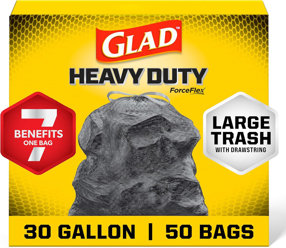 Glad Large 30 Gallon Trash Bags, Unscented Heavy Duty Garbage Bags, Forceflex with Drawstring, 50 Count (Packaging May Vary) - J52