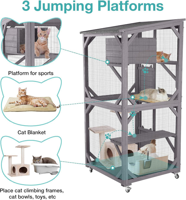 Catio Outdoor Cat Enclosure,Cat House with Wheels,Upgraded Resting Box,Waterproof Roof for Patio Garden 301 - D3