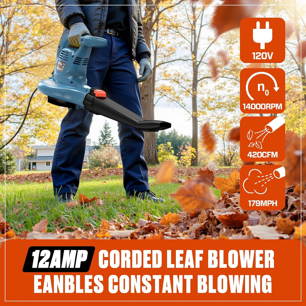 SENIX 12 AMP Leaf Blower, 3-in-1 Handheld Electric Leaf Blower, Vacuum, and Mulcher, 420 CFM, 179 MPH Airflow,Corded Blowers with Reusable Collection Bag (BLVE12-M) 1601