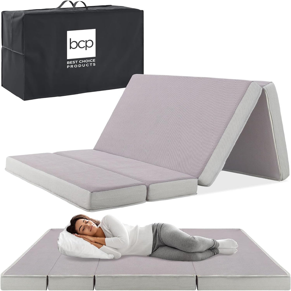 4in Portable Twin-Size Mattress, Tri-Fold Mattress for Camping, Guest, Toddler, Foam Plush w/Carry Case - Grey 792