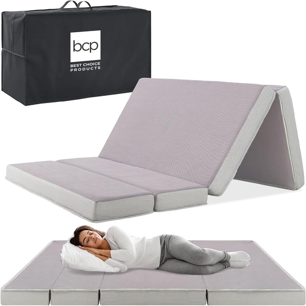 4in Portable Twin-Size Mattress, Tri-Fold Mattress for Camping, Guest, Toddler, Foam Plush w/Carry Case - Grey 792