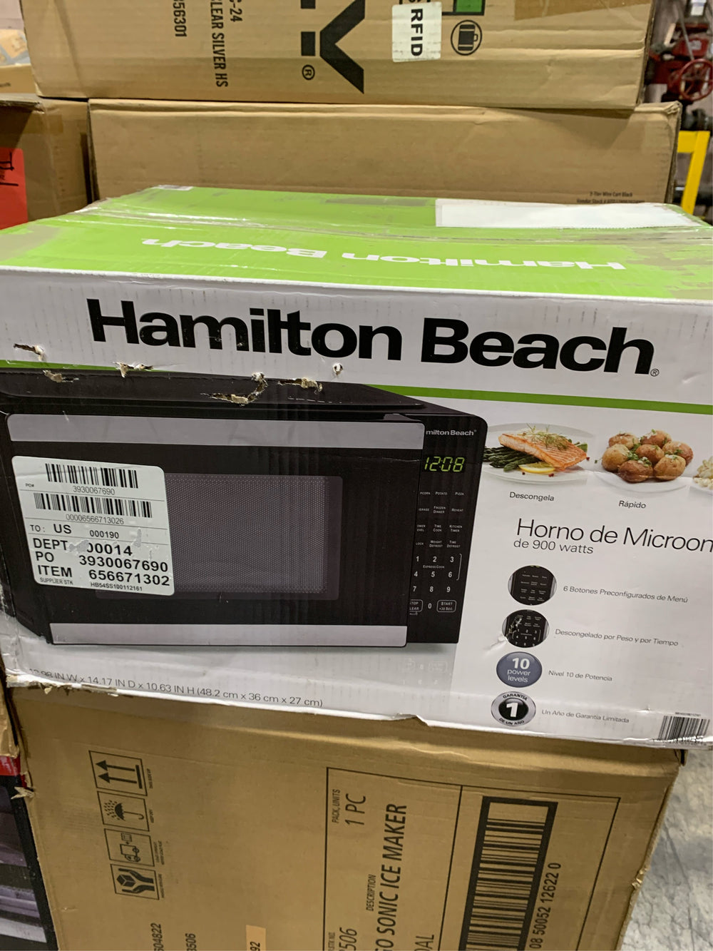 Hamilton Beach 0.9 Cu ft Countertop Microwave Oven, 900 Watts, Stainless Steel, New -L12-0570
