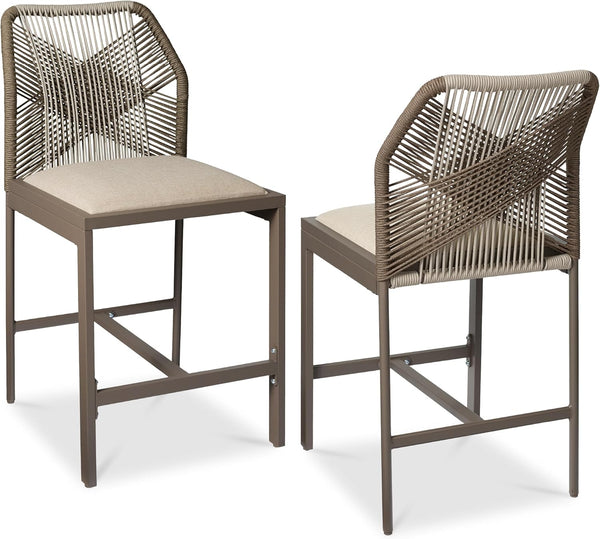 Indoor Outdoor Counter Height Bar Stools Set of 2, Armless Kitchen Counter Stools w/Back and Footrest, Built-in Cushion, Aluminum Frame - Taupe/Sandstorm - 240