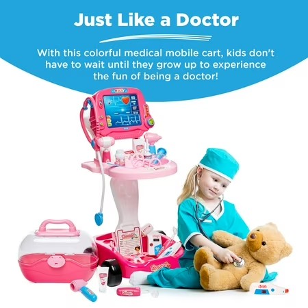 Best Choice Products Play Doctor Kit for Kids, Pretend Medical Station Set with Carrying Case, Mobile Cart - Pink -G1-1591
