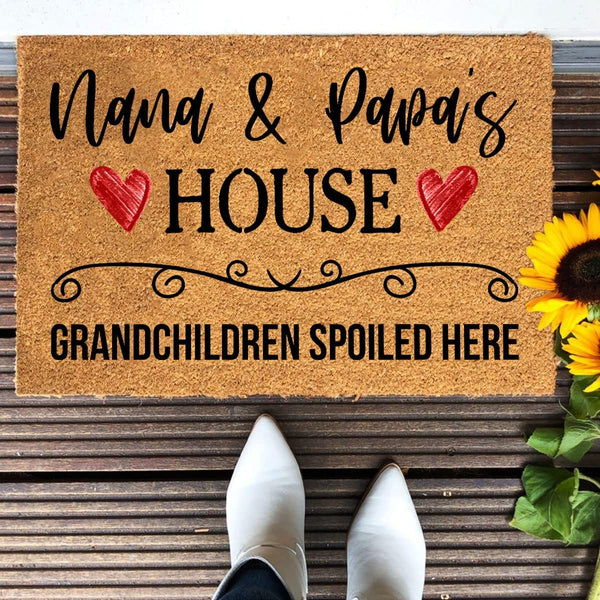 Nana & Papas House Funny Coir Doormat - Grandchildren Spoiled Here, Brown Coconut Fiber Mat, 23.7x15.7 inch, Novelty Gift, Front Door & Porch Welcome Mat 1474