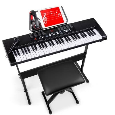 Best Choice Products 61-Key Beginners Electronic Keyboard Piano Set w/ LED, 3 Teaching Modes, H-Stand, Stool, Microphone - 1530