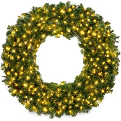 36in Artificial Pre-Lit Fir Christmas Wreath Decoration w/ 150 LED Lights, 300 Tips, Power Plug-In - 238