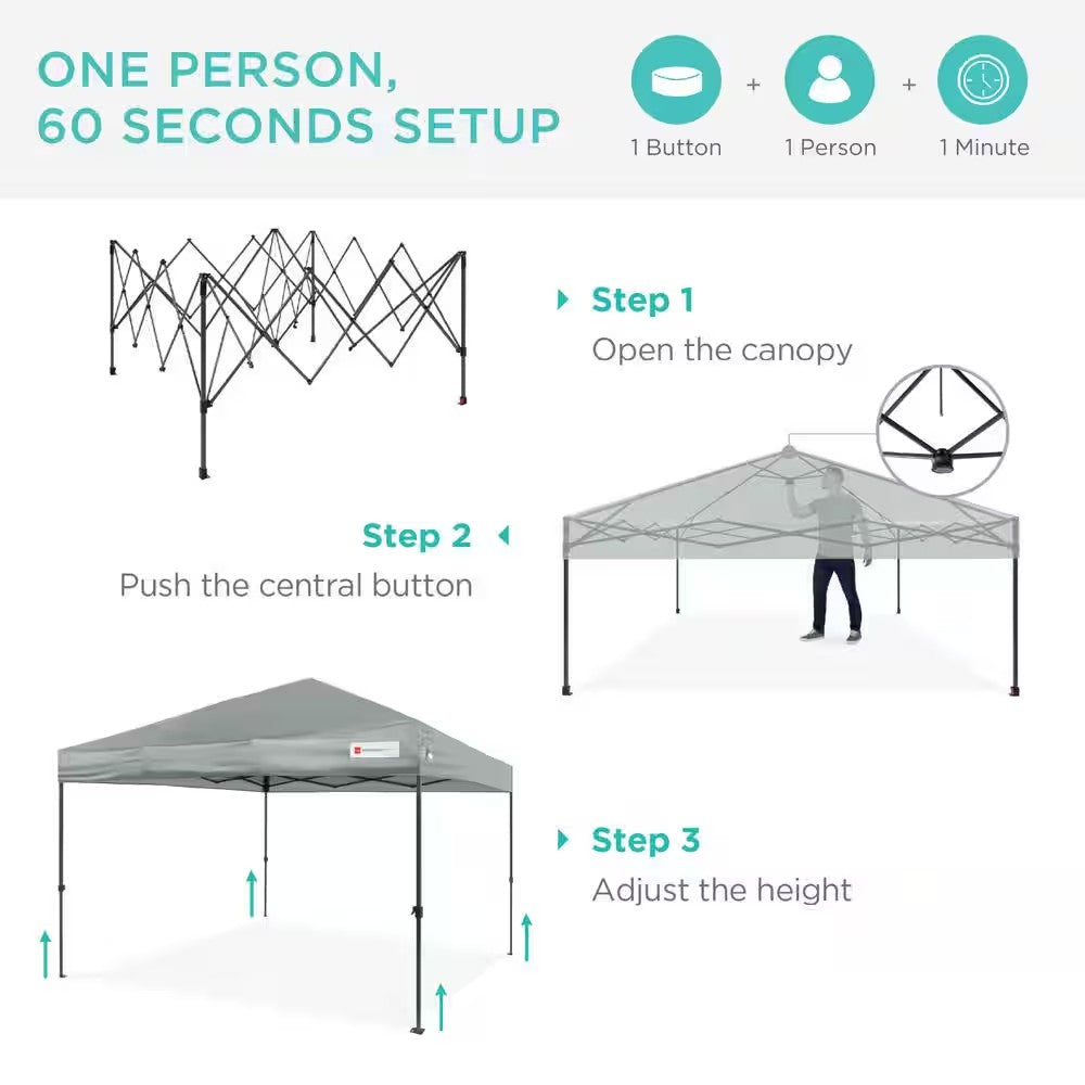 8 ft. X 8 ft. Silver Pop Up Canopy with 1-Button Setup, Wheeled Case, 4-Weight Bags - L5 - 408