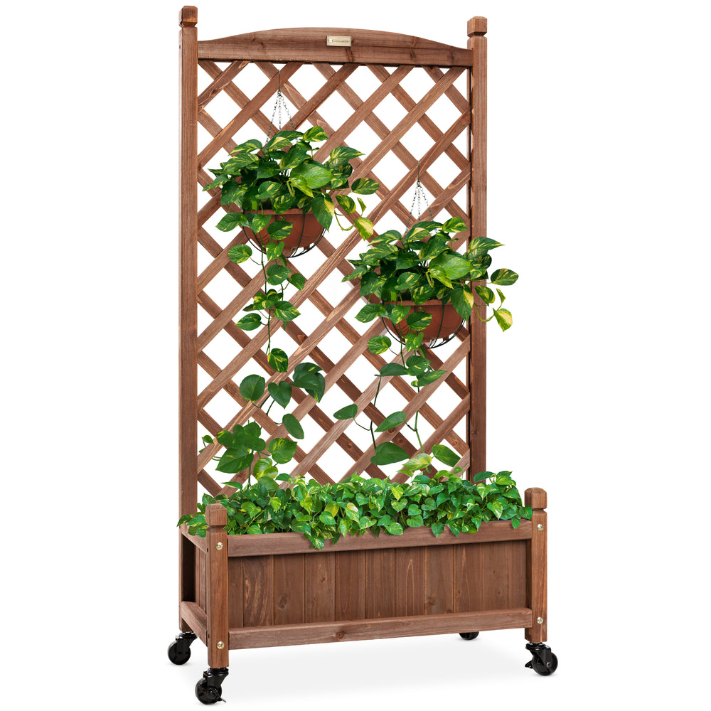 48in Mobile Wood Planter Box & Diamond Lattice Trellis W/ Drainage Holes Optional Wheels - Walnut 1225
