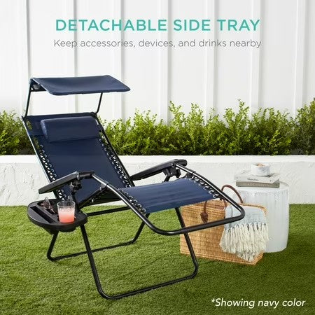 Best Choice Products Folding Zero Gravity Recliner Patio Lounge Chair w/ Canopy Shade, Headrest, Tray - Beige -D3-10229