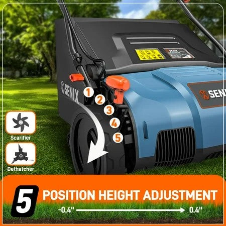 SENIX Corded Dethatcher/Scarifier 2 in 1, 15" 13Amp, 5-Position Adjustment with Collection Bag, SCE13-M 1608
