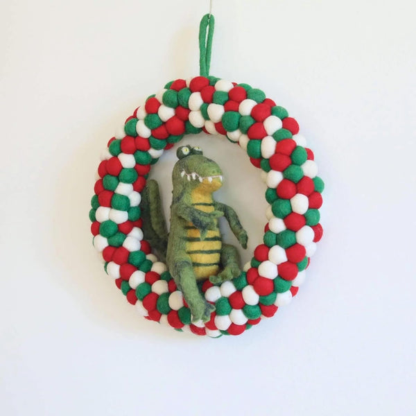 Handmade Felt Pompom Ball Christmas Wreath, Pompom Ball Holiday Door Decor, Fair Trade Handcrafted Pompom Ball Wreath for a Warm Christmas, Unique Boho Holiday Decoration - B3 - 1364