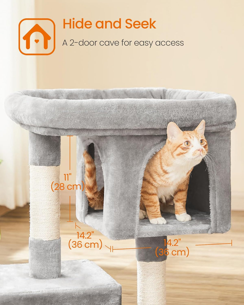 Feandrea Cat Tree, 33.1-Inch Cat Tower, Plush Condo for Large Cats up to 16 lb, Large Perch, 2 Caves, Scratching Post, Gray - M4 - 631