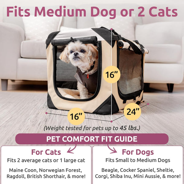 Cat & Dog Pet Carrier, Soft-Sided, Large 24"x16"x16", Fits Large Cat, 2 Cats, or Medium Dog Comfortably, Great for Travel & Vet Visits, Privacy Windows, Removable Bed, Locking Zippers, Foldable -J12-0732