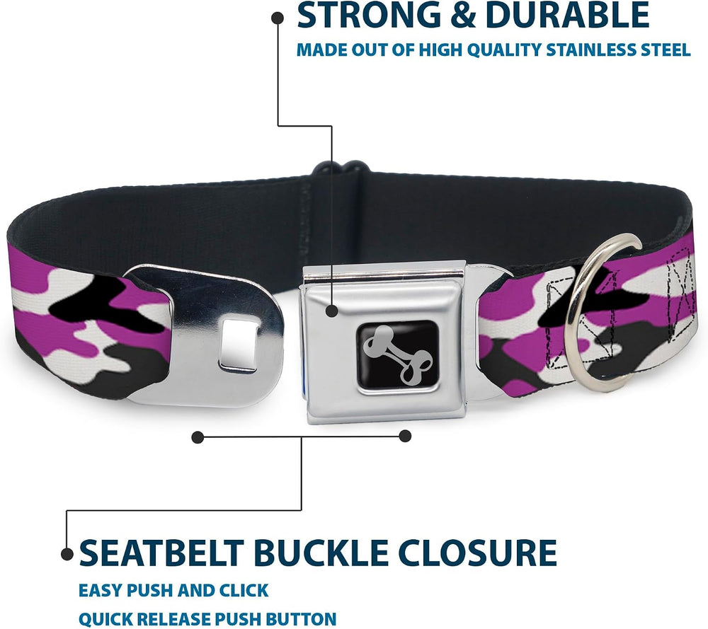 Buckle-Down Pet Collar, Dog Collar Metal Seatbelt Buckle, Camo Purple Black Gray White, 18 - 32 Inches 1.5 Inch Wide - L13 - 599