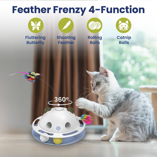 PAWSPIK Feather Frenzy 4-in-1 Interactive Cat Toy   Butterfly, Feather, Catnip Ball & Track Ball Play   Motion Activated, USB or Battery Powered   White -J10-0596