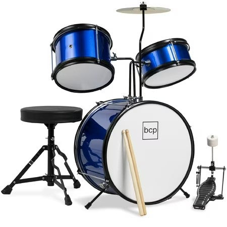 Best Choice Products Kids Beginner 3-Piece Drum, Musical Instrument Set w/ Sticks, Cushioned Stool, Drum Pedal - Blue - E2 - 962