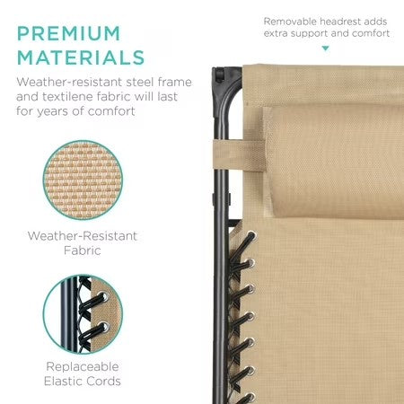 Best Choice Products Folding Zero Gravity Recliner Patio Lounge Chair w/ Canopy Shade, Headrest, Tray - Beige - M5 - 1958