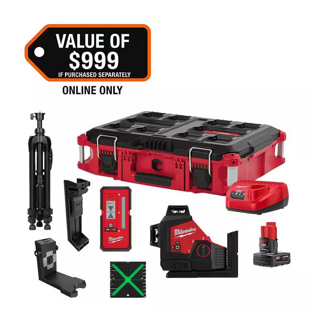 M12 12-Volt Lithium-ion Cordless Green 250 ft. 3-Plane Laser Level PACKOUT Kit - 1521