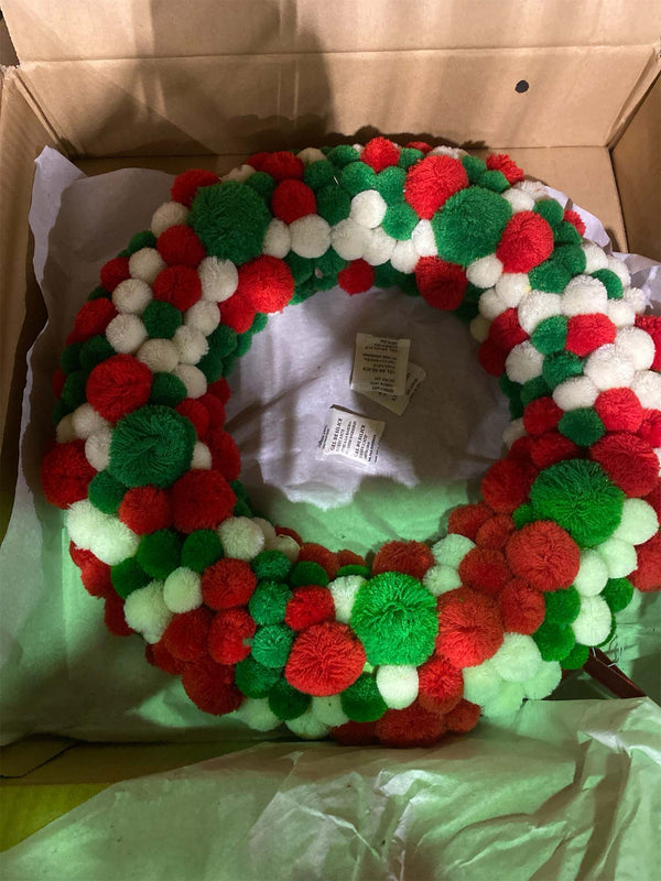 Pom Pom Ball Bead Christmas Wreath, Ball Bead Holiday Door Decor, Fair Trade Handcrafted Ball Bead Wreath for a Warm Christmas - K11 - 179