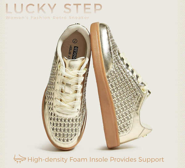 LUCKY STEP Women's Fashion Tennis Shoes Classic Retro Sneakers Casual Gum Sole Braided Raffia Street Style Trendy Walking Footwear -J12-0650