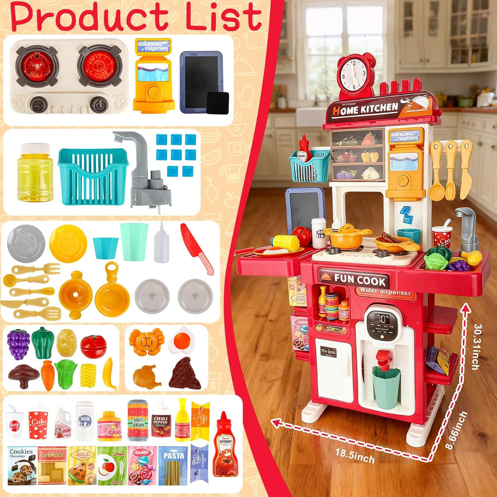 Upgrade Toy Kitchen Set for Kids Toddlers Mini Kitchen Playset with Spray Sink & Realistic Lighting Pretend Cooking Toys for 3 4 5 Year Old Girls Boys Gifts 1374
