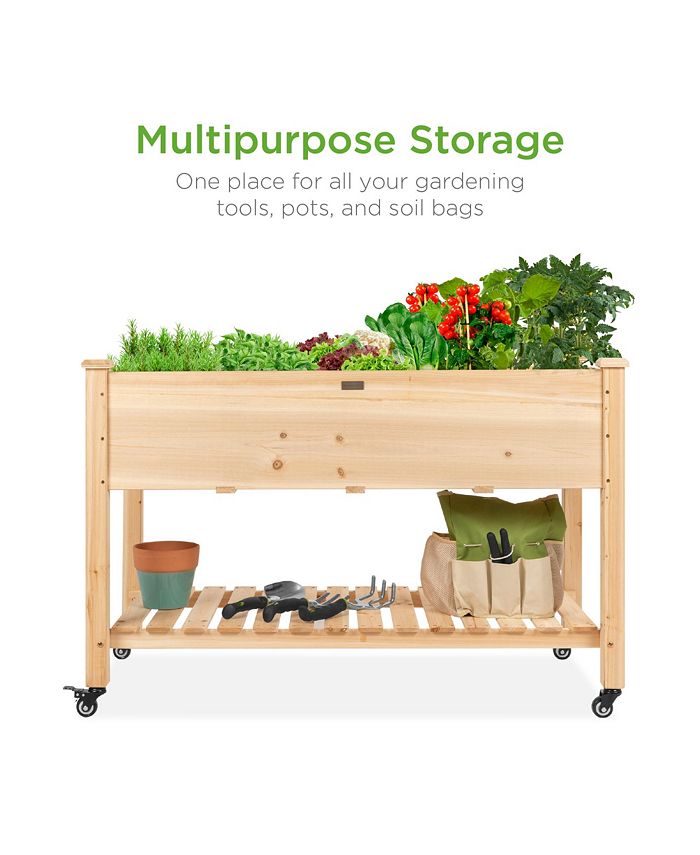 Best Choice Products Raised Garden Bed 48x23x32in Wood Mobile Elevated Planter w/ Wheel Locks, Shelf, Liner - Tan/Beige - No Size - L3 - 371