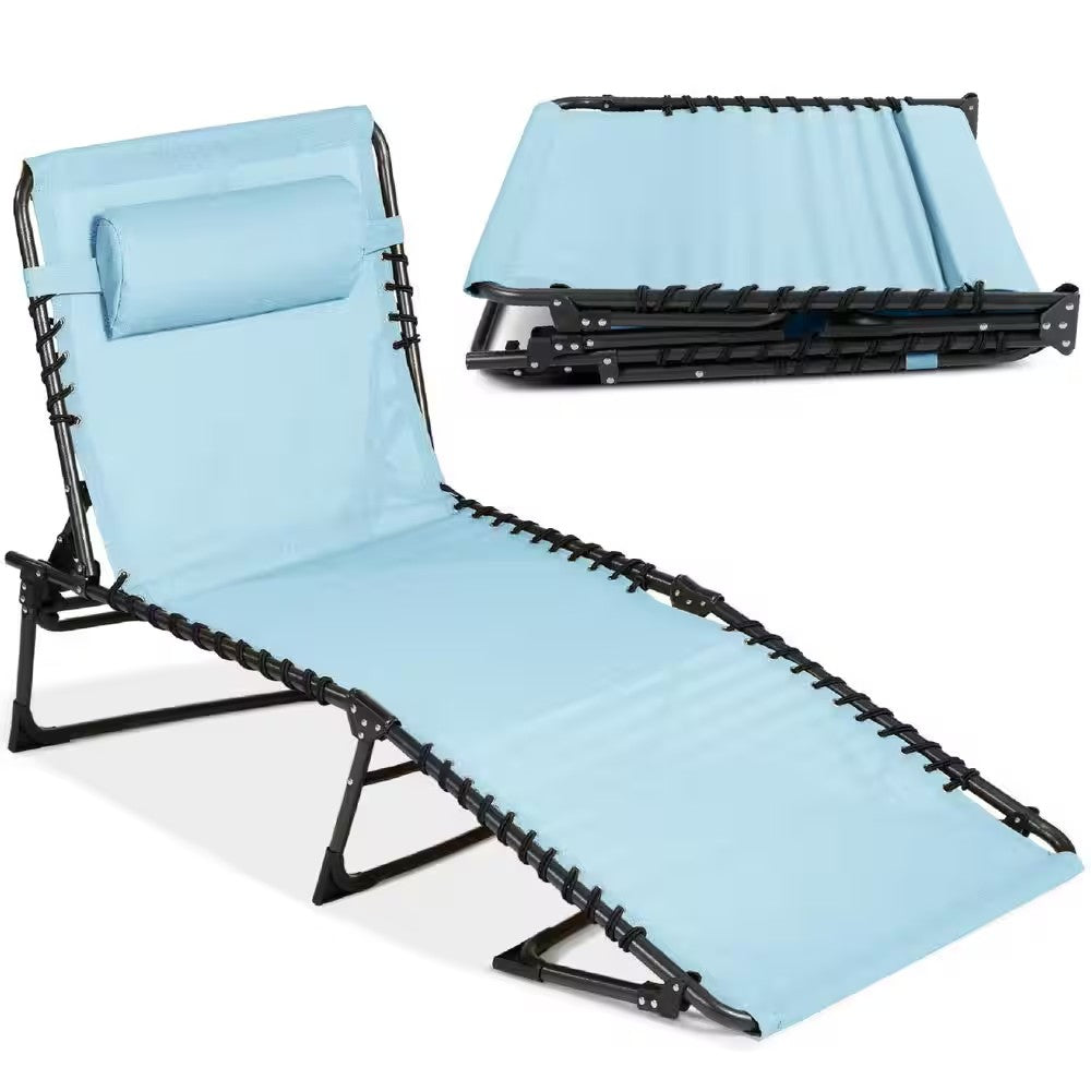 Metal Outdoor Chaise Lounge Chair, Portable Adjustable Folding Patio Recliner with Pillow in Slate Blue - K83