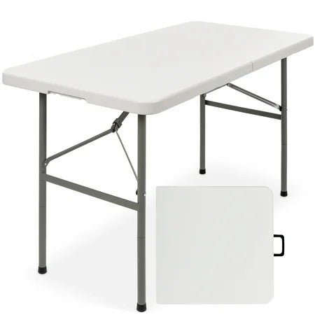 4ft Plastic Folding Table, Indoor Outdoor Heavy Duty Portable w/ Handle, Lock for Picnic - White - K12