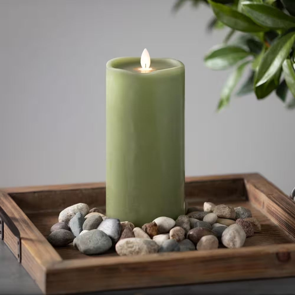 8 in. Green Wave Top Smooth LED Pillar Candle -K9-0110