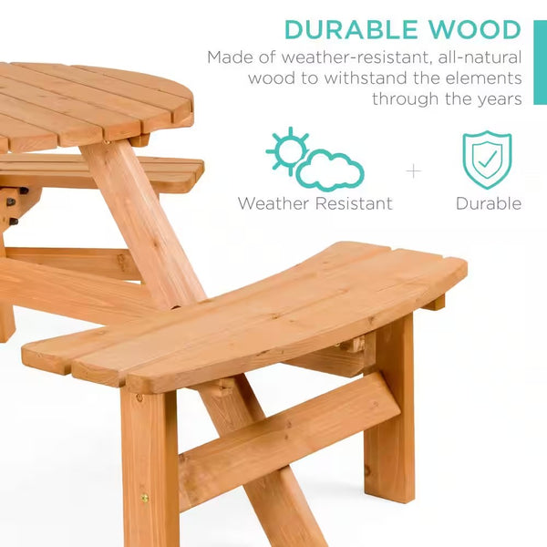 6-Person Natural Circular Wooden Picnic Table w/ Umbrella Hole, 3-Benches - H8 - 114