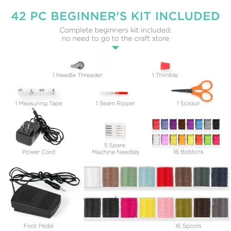 Best Choice Products 6V Portable Sewing Machine, 42-Piece Beginners Kit w/ 12 Stitch Patterns - Teal/White - C1 - 993