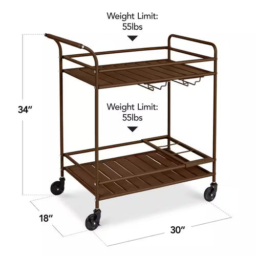 2-Tier Brown Outdoor/Indoor Metal Bar Serving Cart with Storage Shelves and Lockable Wheelsh -L9-0450