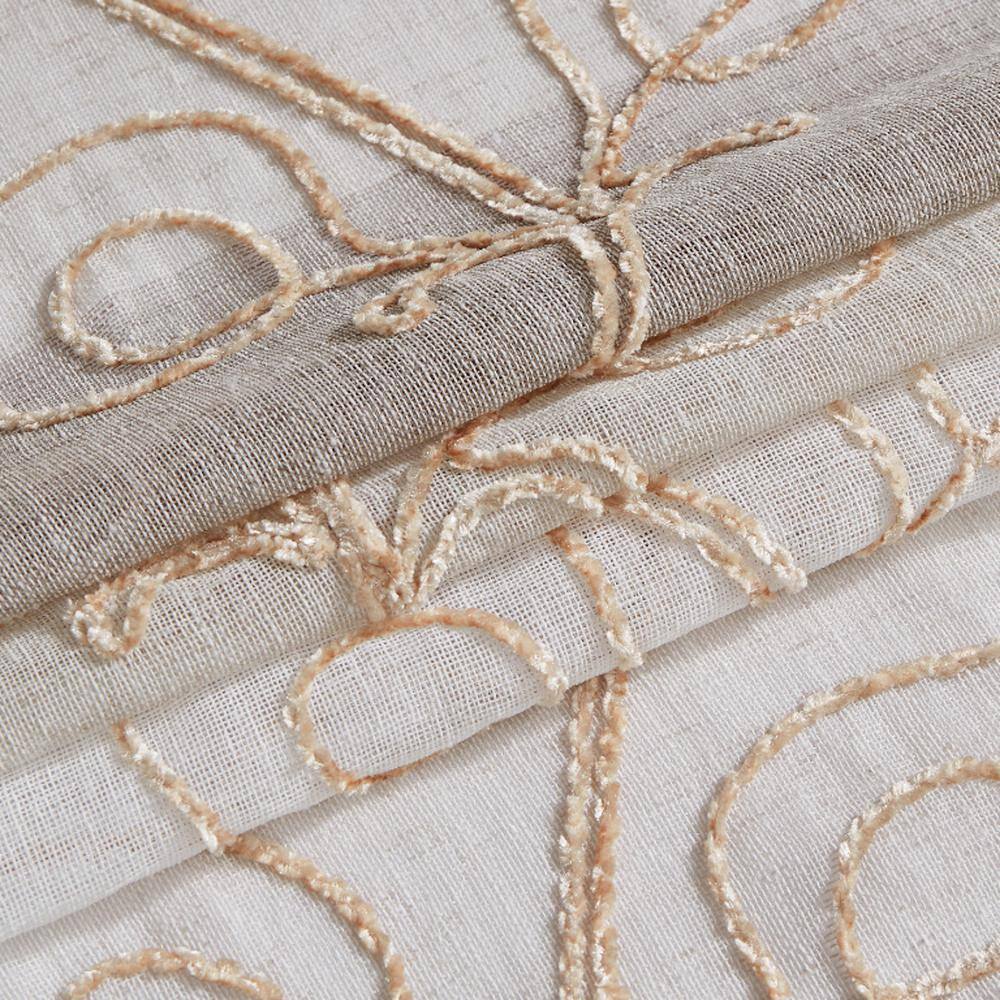 Silvia 76 in. W x 96 in. L Embroidered Sheer Floral Window Curtain in Linen -K9-0544