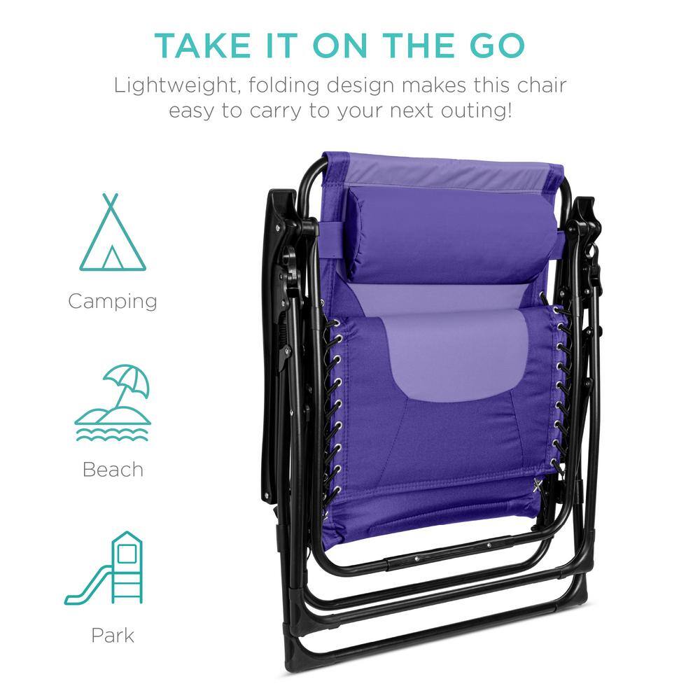 Oversized Padded Zero Gravity Purple/Violet Metal Reclining Outdoor Lawn Chair w/Side Tray -M1-1365