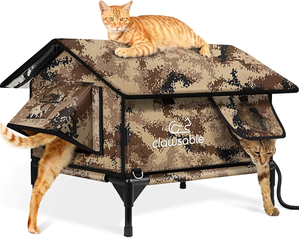 Indestructible Gable Roof Heated Cat House for Outside Winter, 100% Waterproof, Safe Escape Door, Insulated Outdoor Cat Shelter with Heater for Feral Barn Cat Kitty (Desert Camouflage, 24"x16"x19") - J12 - 642