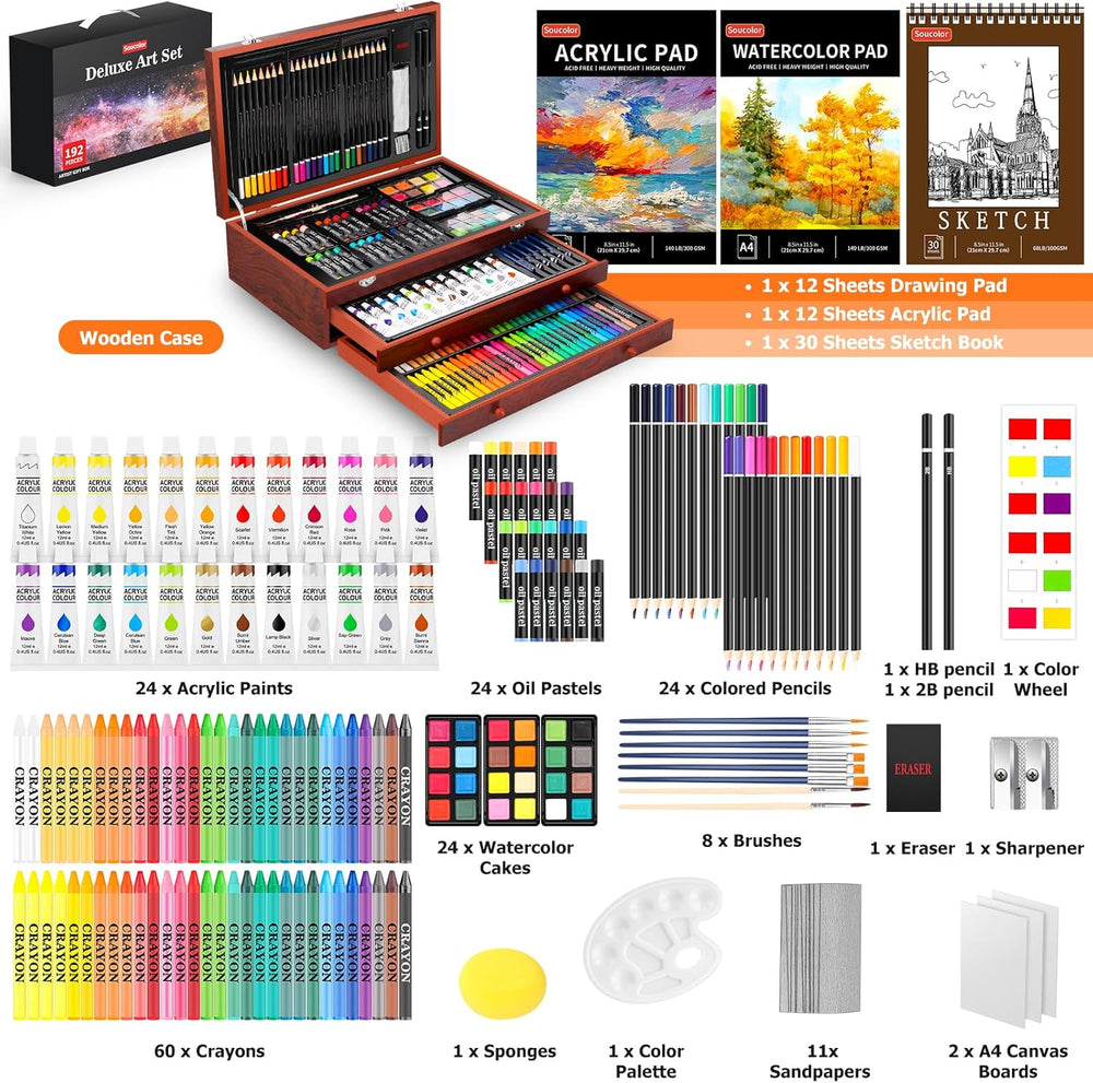 Soucolor Art Supplies, 192-Pack Deluxe Art Set Drawing Painting Supplies Kit with Acrylic Pad, Watercolor Pad, Sketch Book, Canvases, Acrylic Paint, Crayons, Pencils, Gifts for Artist Adults Teen Kids 1275