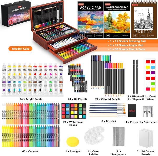 Soucolor Art Supplies, 192-Pack Deluxe Art Set Drawing Painting Supplies Kit with Acrylic Pad, Watercolor Pad, Sketch Book, Canvases, Acrylic Paint, Crayons, Pencils, Gifts for Artist Adults Teen Kids 1275