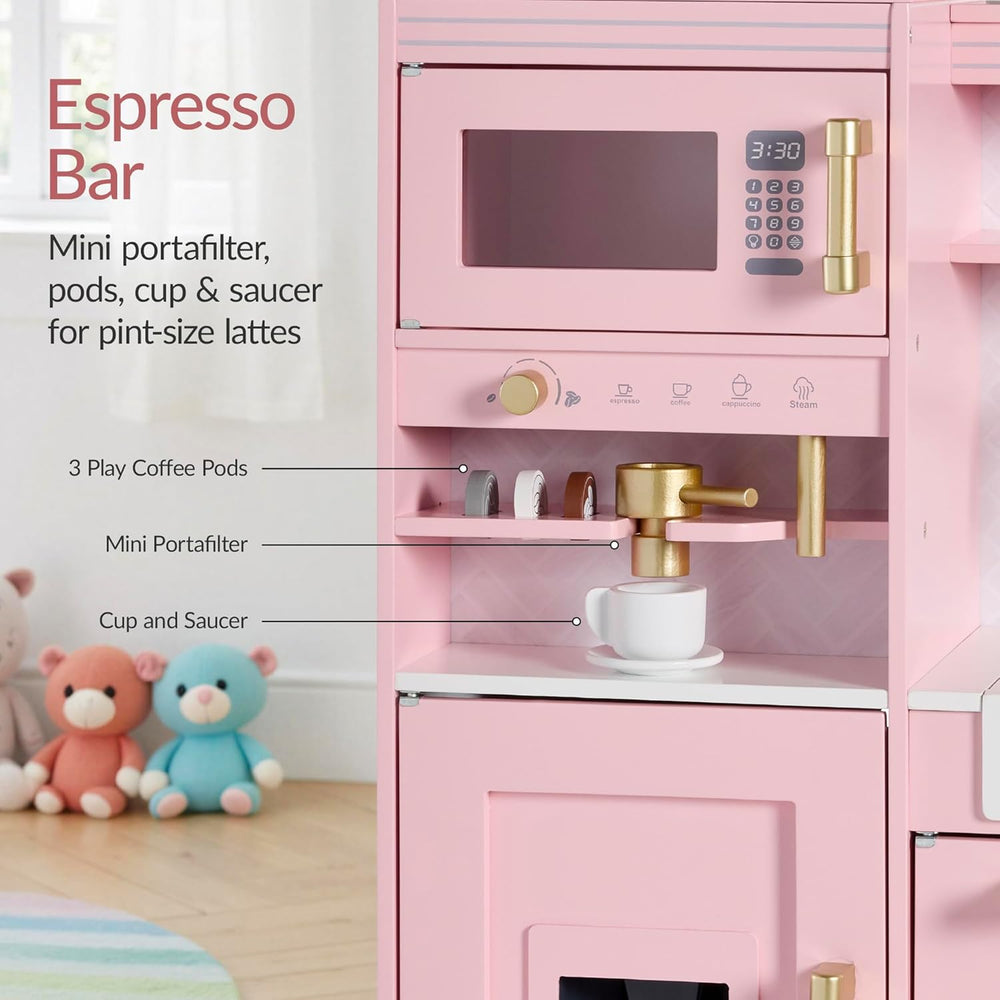 Best Choice Products Toddler Kitchen Playset with Pretend Play Espresso Machine, Interactive Wooden Kids Play Kitchen Equipped with Toy Storage and 17 Accessories - Pink - G8 - 1014 -H1-1626