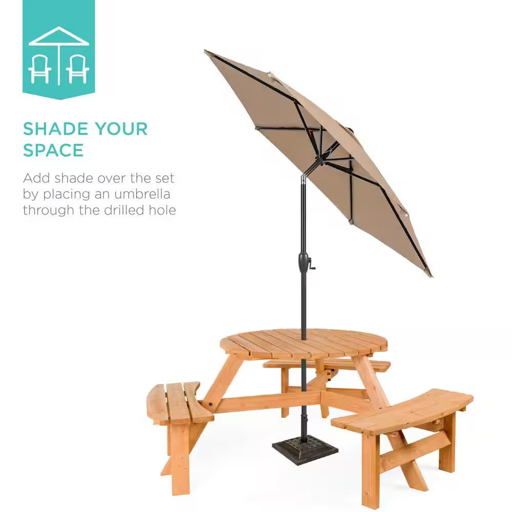 6-Person Natural Circular Wooden Picnic Table w/ Umbrella Hole, 3-Benches - H8 - 114