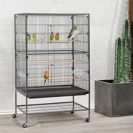 Yaheetech 52"H Metal Rolling Bird Cage with 3 Perches & 4 Feeders & Extra Storage Shelf, Black - D5 - 417