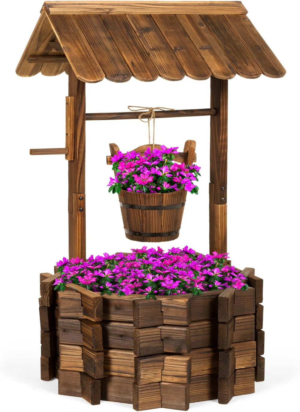 Rustic Wooden Wishing Well Planter Outdoor Home D cor for Patio, Garden, Yard w/Hanging Bucket M47
