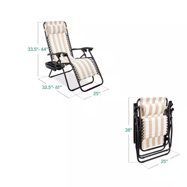 Tan Striped Metal Zero Gravity Reclining Lawn Chair with Cup Holders (2-Pack) - H6 - 1071