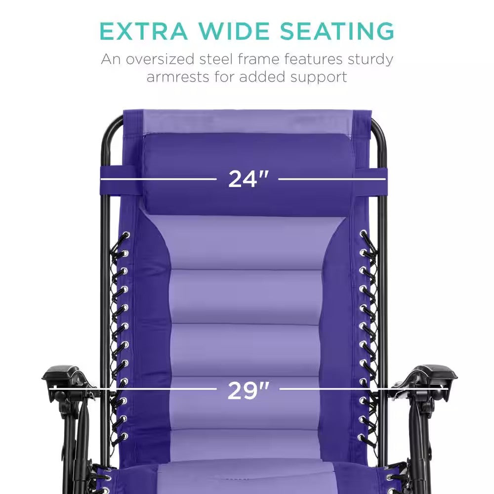 Oversized Padded Zero Gravity Purple/Violet Metal Reclining Outdoor Lawn Chair w/Side Tray -M1-1365