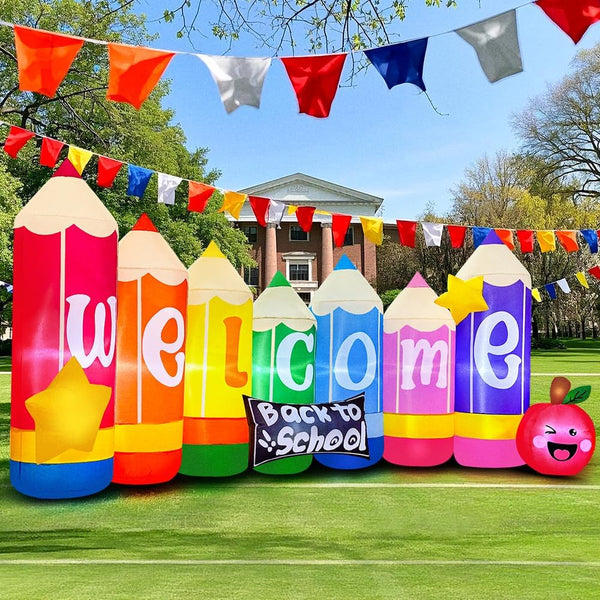 9FT Graduation Kindergarten and Back to School Inflatable Decoration with Built-in LED Lights   Blow-Up Colored Pencils Design for First Day of School Party Decor for Outdoor, Garden, Yard Lawn 1332