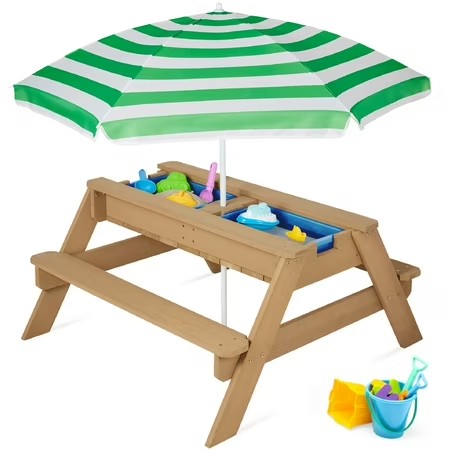 Best Choice Products Kids 3-in-1 Outdoor Convertible Activity Sand & Water Picnic Table w/ Umbrella - Green - L1 - 1970