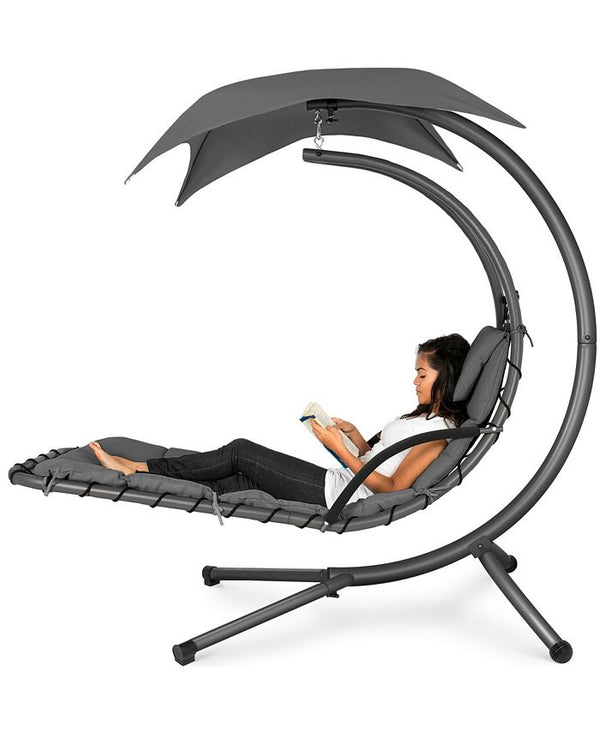 Hanging Curved Chaise Lounge Chair Swing for Backyard, Patio w/ Pillow, Shade, Stand - Gray 299