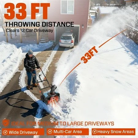 SENIX 18" Snow Blower, 8" Depth, 500lbs/min, 33FT Throw, LED Light, Foldable Handle 1611