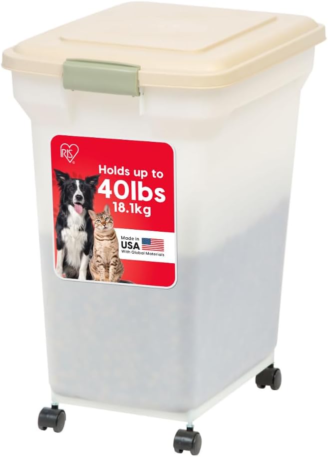 IRIS USA Airtight Dog Food Storage Container, WeatherPro, Up to 40 lbs, Removable Wheels, for Dog Cat Bird and Other Pet Food Storage Bin, Keep Fresh, Translucent Body, Made in USA, Almond/Pearl - J11 - 608
