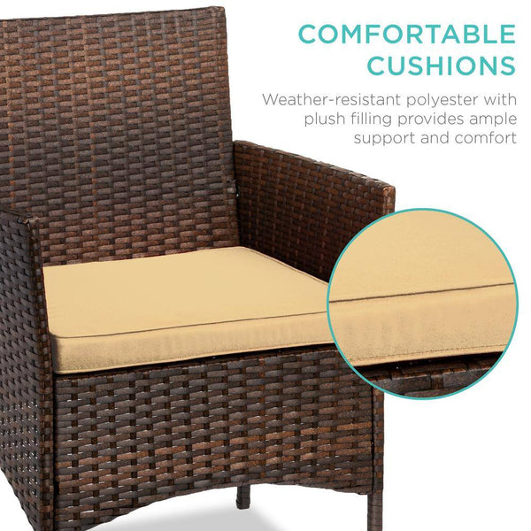 3-Piece Outdoor Wicker Conversation Patio Bistro Set, w/ 2-Chairs, Table, Cushions - Brown/Tan -H3-1972
